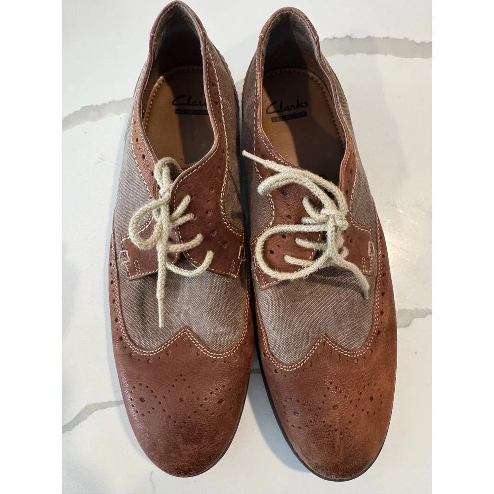 Clarks Mens Brown Leather Canvas Wingtip Brogue Oxford Shoes 26105830 Size 10.5